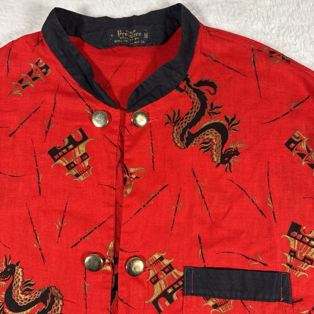 Vintage 70s Sears Premiere Collection Asian Chinese Theme Red Cotton Blouse L/XL